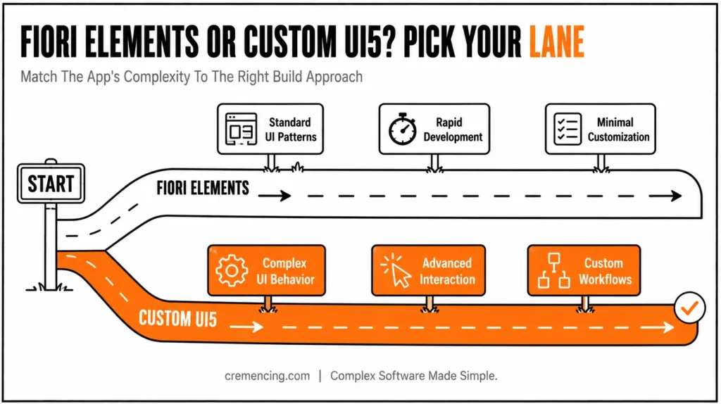 Two-lane road comparing Fiori development approaches.