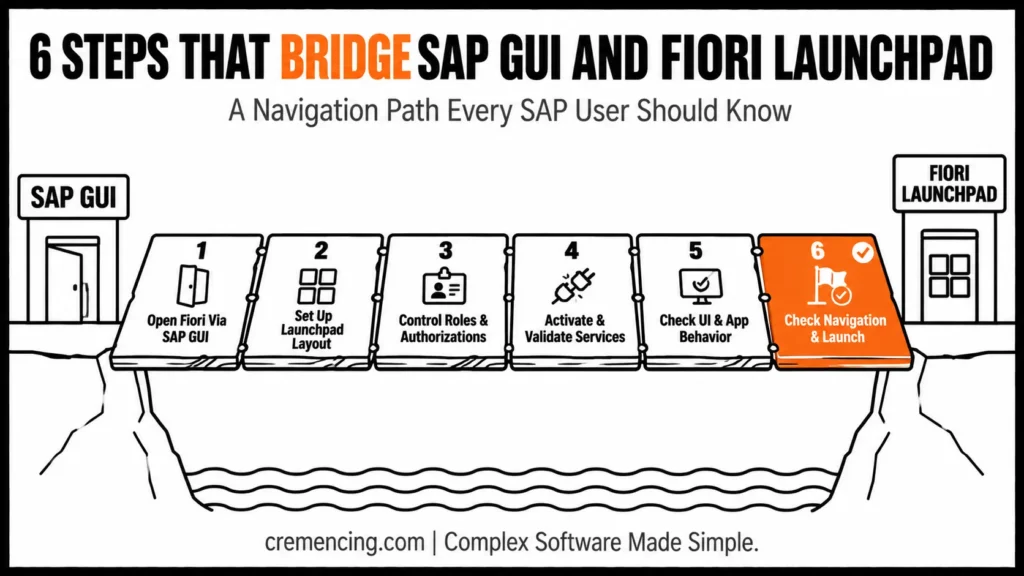 Six-plank bridge connecting SAP GUI to Fiori Launchpad.
