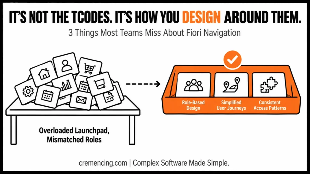 Desktop tray contrasting cluttered Fiori tiles with structured navigation rules.