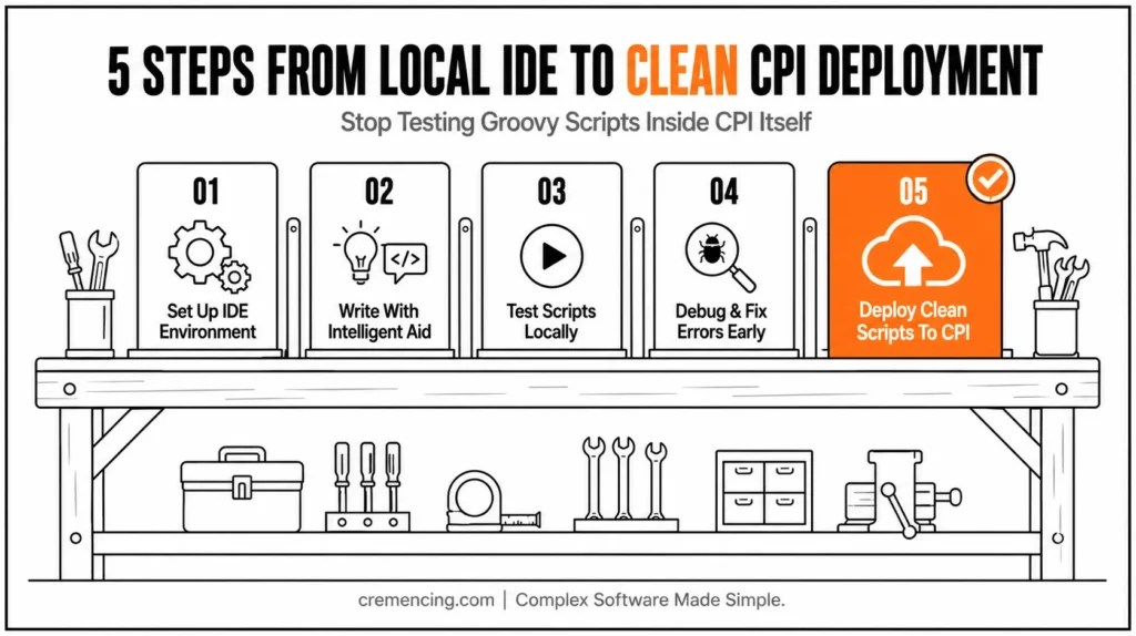 Workshop workbench listing five Groovy deployment steps.