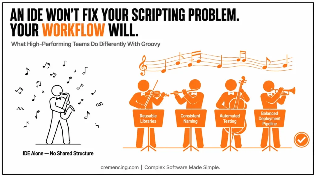 Solo saxophonist versus orchestra illustrating Groovy workflows.