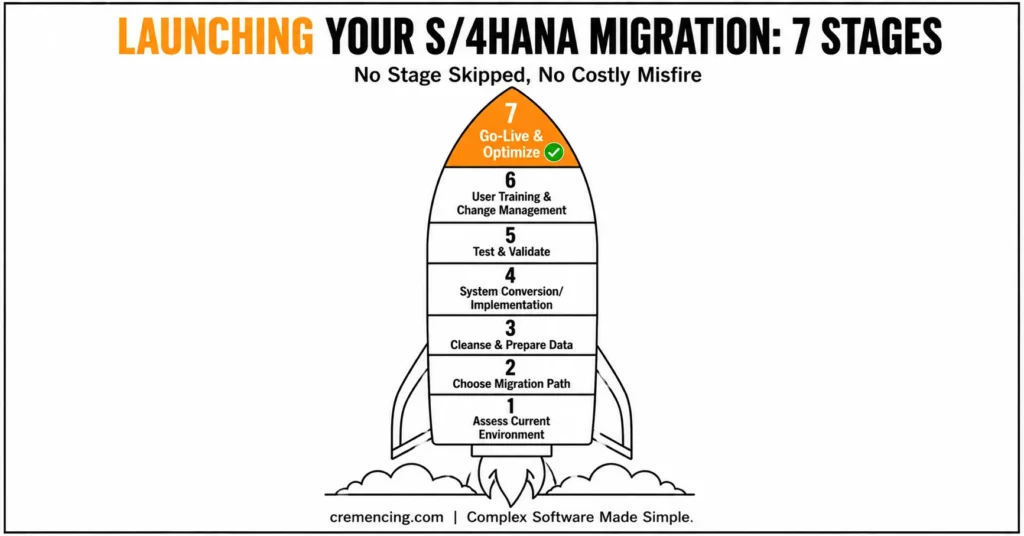 Rocket diagram mapping seven migration stages.
