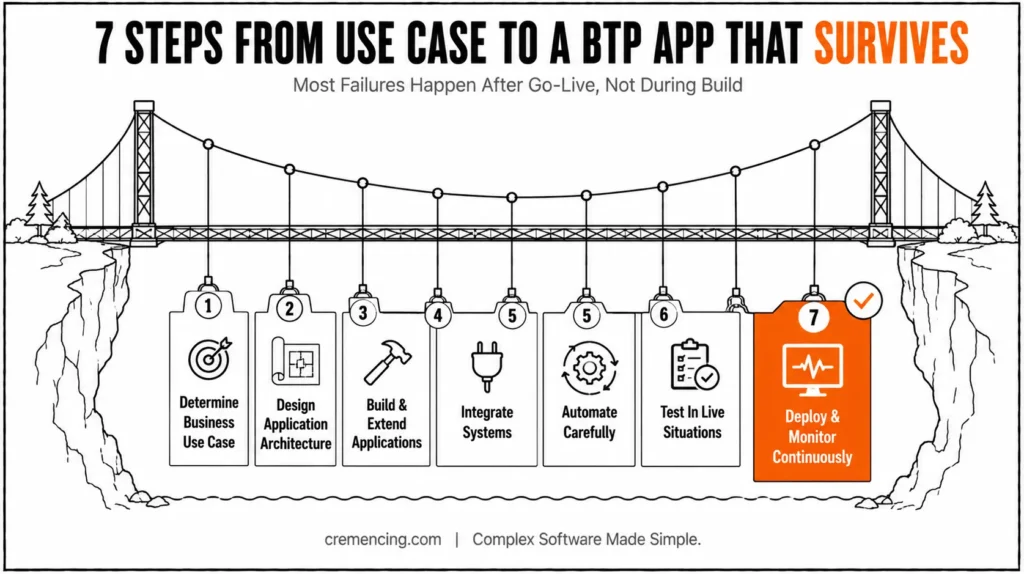 Suspension bridge showing BTP app development steps.