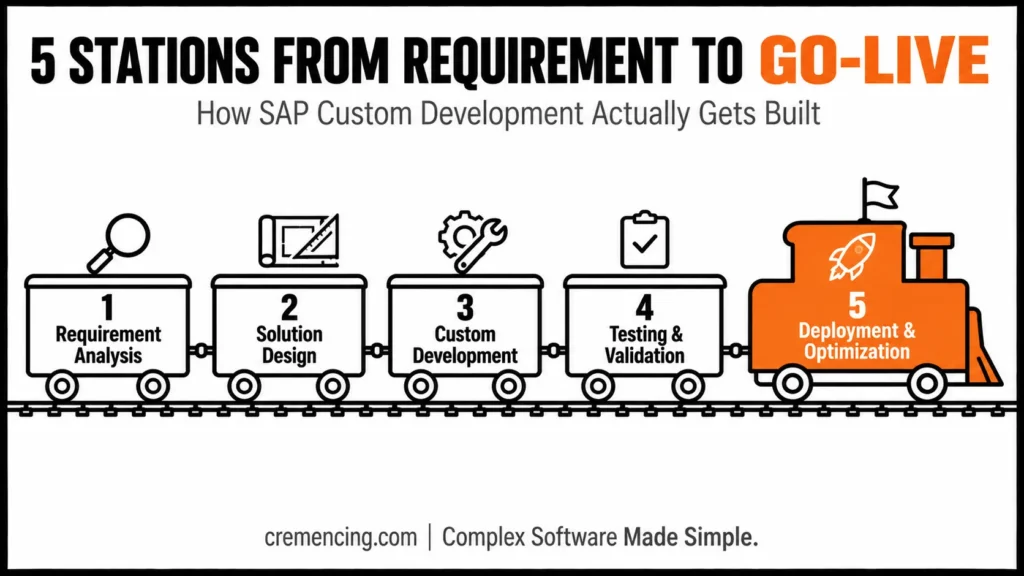 Five-stage train diagram for SAP custom development.