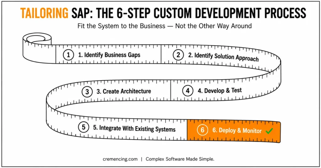 Measuring tape illustrating six steps of SAP custom development