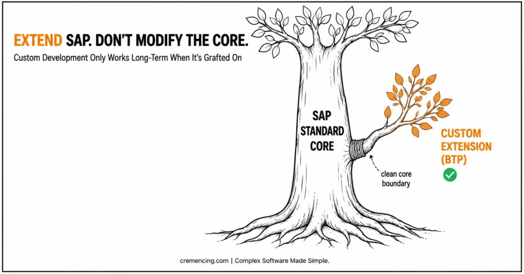 Tree diagram depicting SAP standard core and BTP custom extension grafting