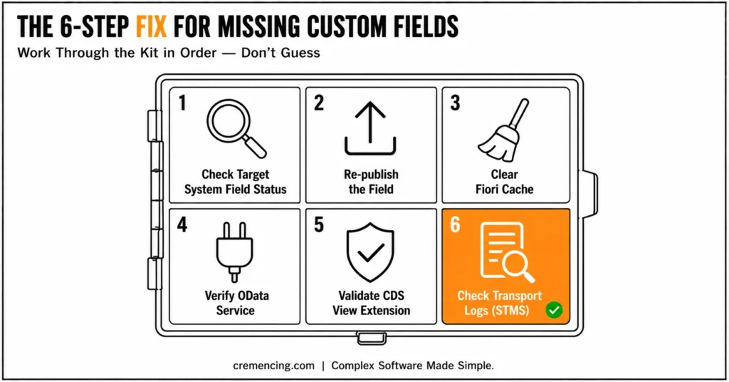 Toolbox showing six steps fixing missing custom fields.