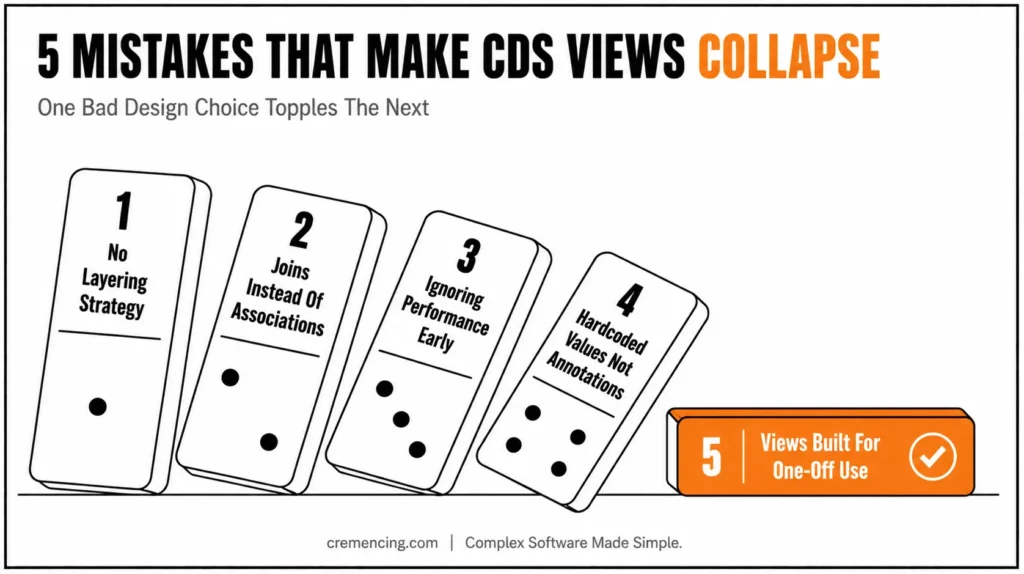 Five dominoes representing design mistakes in SAP CDS views