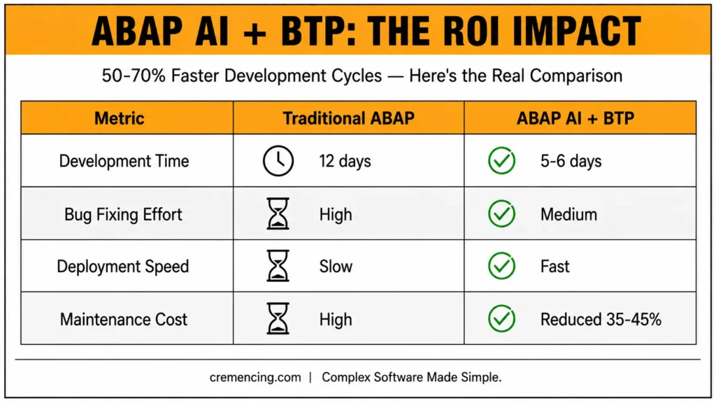 **ABAP AI + BTP: ROI impact comparison for development efficiency.**
