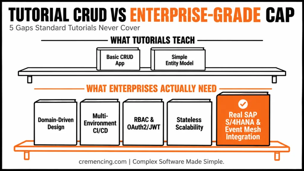 Bookshelf comparing tutorial CRUD with enterprise CAP requirements.