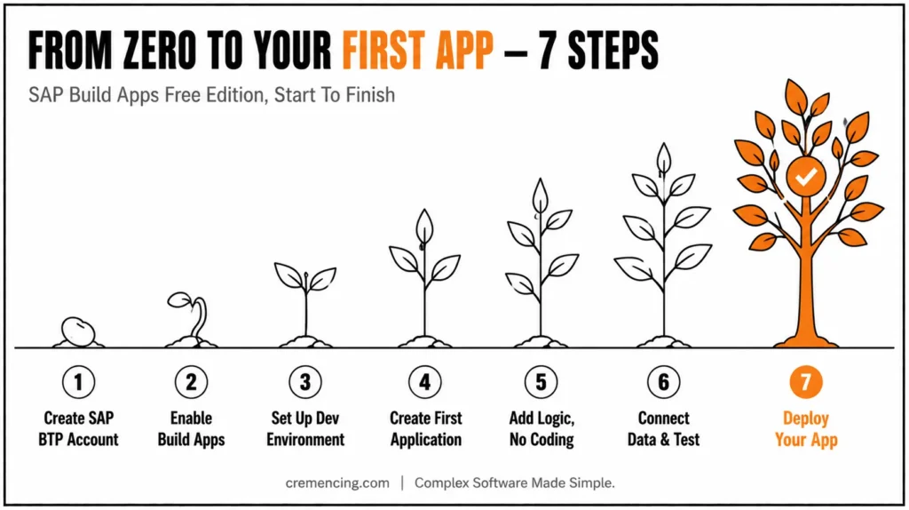 Seven steps tree growth diagram for SAP Build Apps free edition