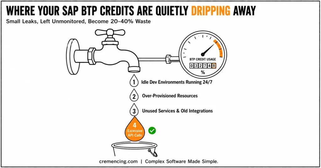 Dripping faucet showing SAP BTP credit leaks.