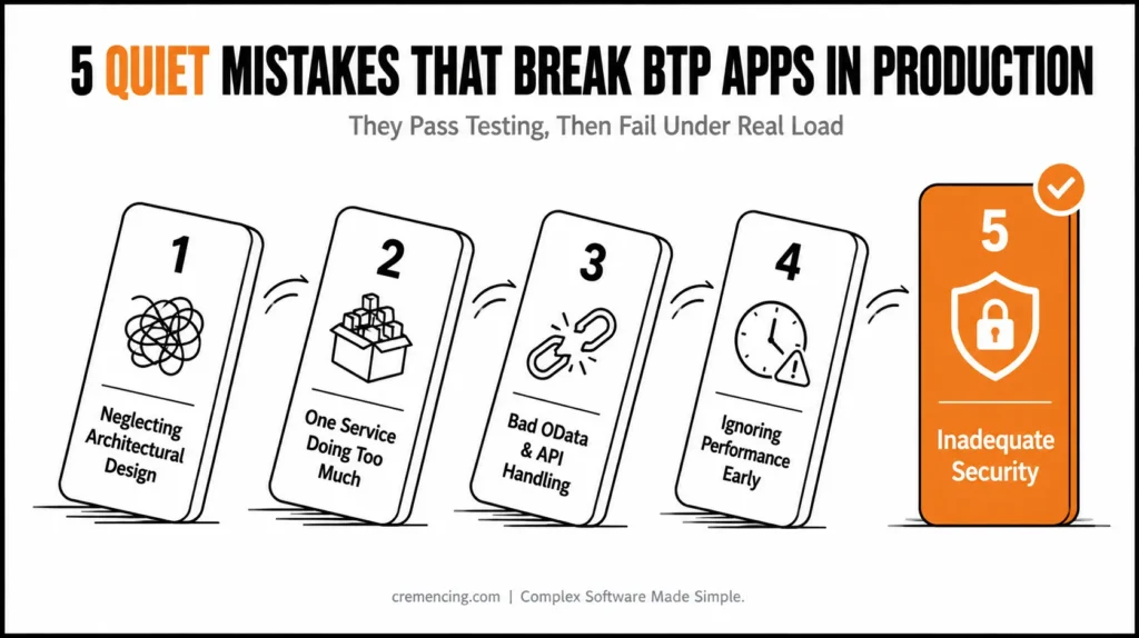 Five dominos showing BTP app failure causes.