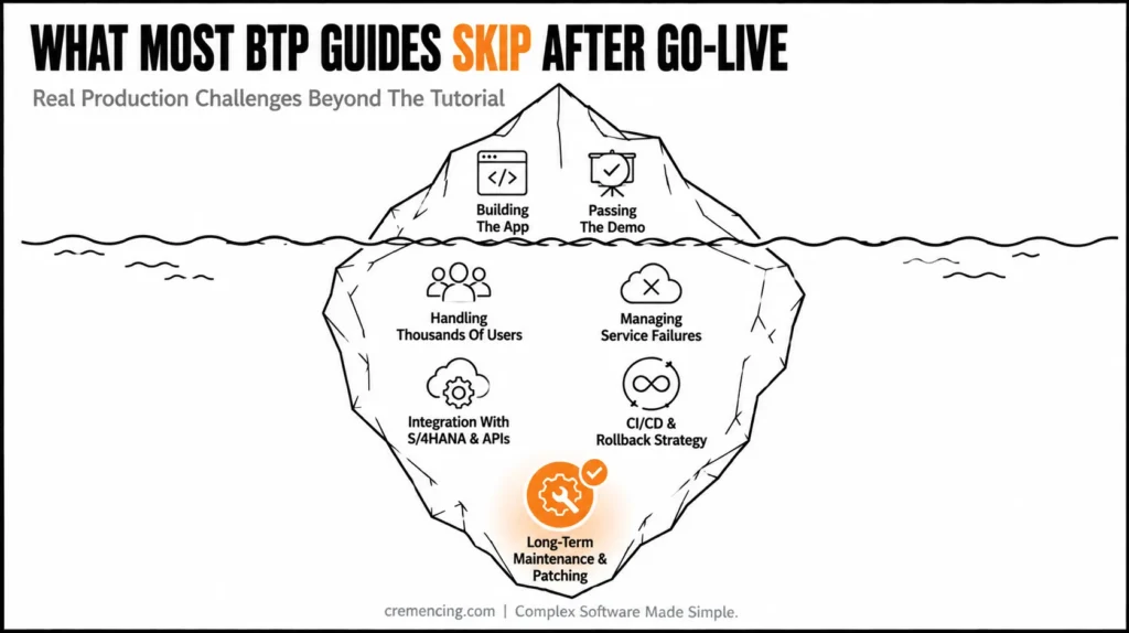 Iceberg diagram showing hidden BTP production challenges.