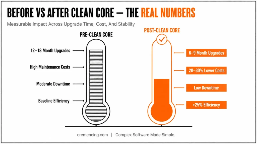 Thermometer diagram comparing pre vs post-clean core metrics.