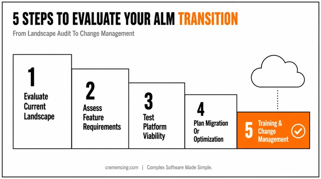 Descending steps mapping five ALM transition phases.