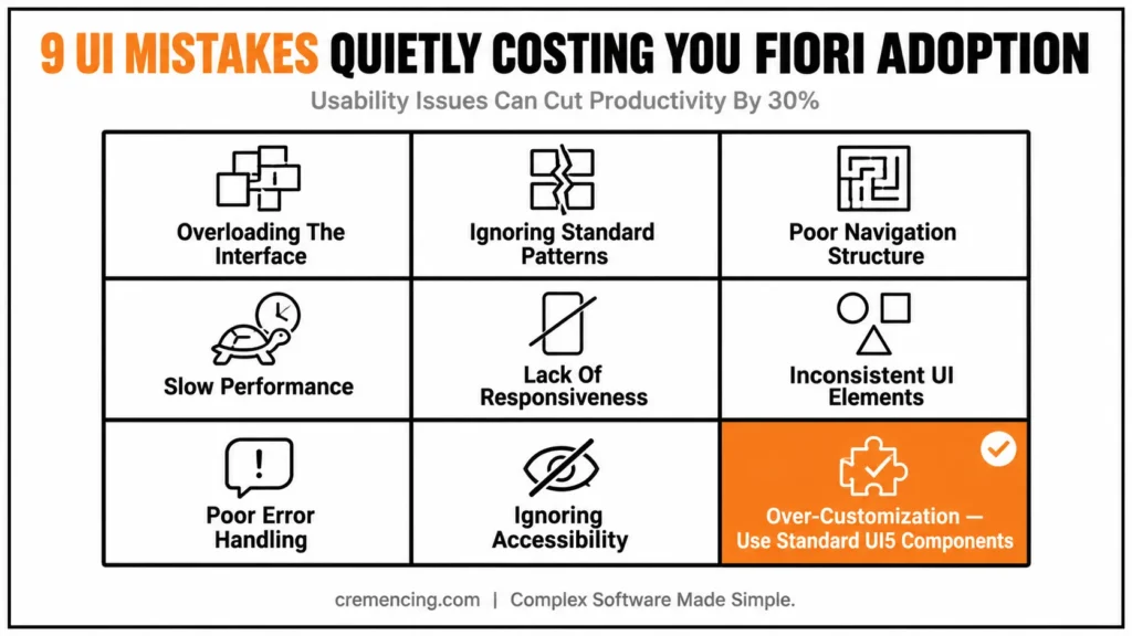 Grid showing nine common Fiori UI mistakes.