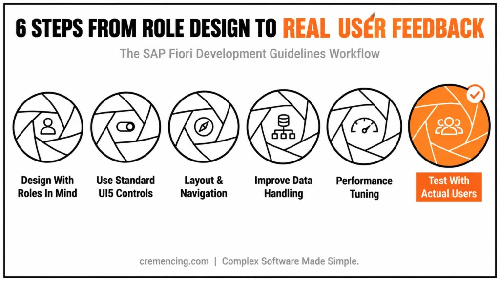 Camera aperture sequence showing SAP Fiori workflow.