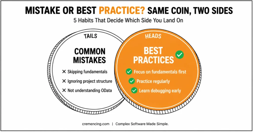 Two overlapping coin faces contrasting common Fiori development mistakes against best practices