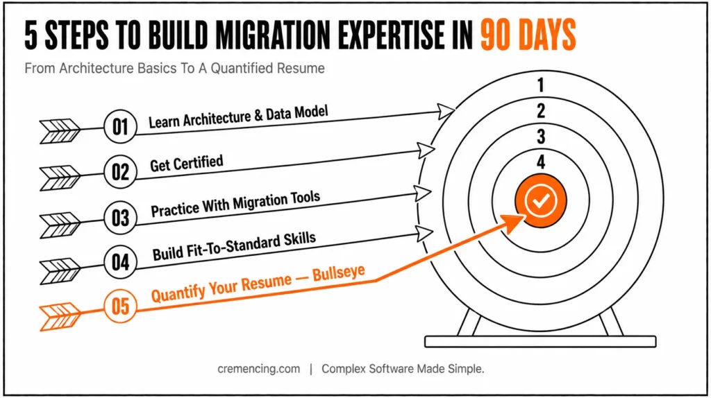 Archery target showing steps to migration expertise.