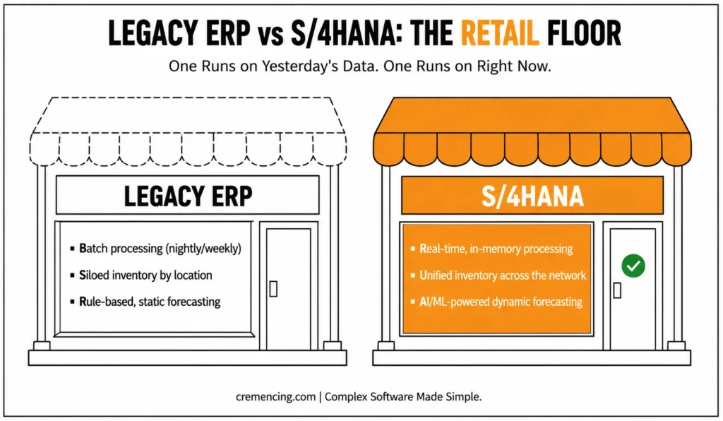 Comparison between Legacy ERP and S/4HANA retail floor capabilities