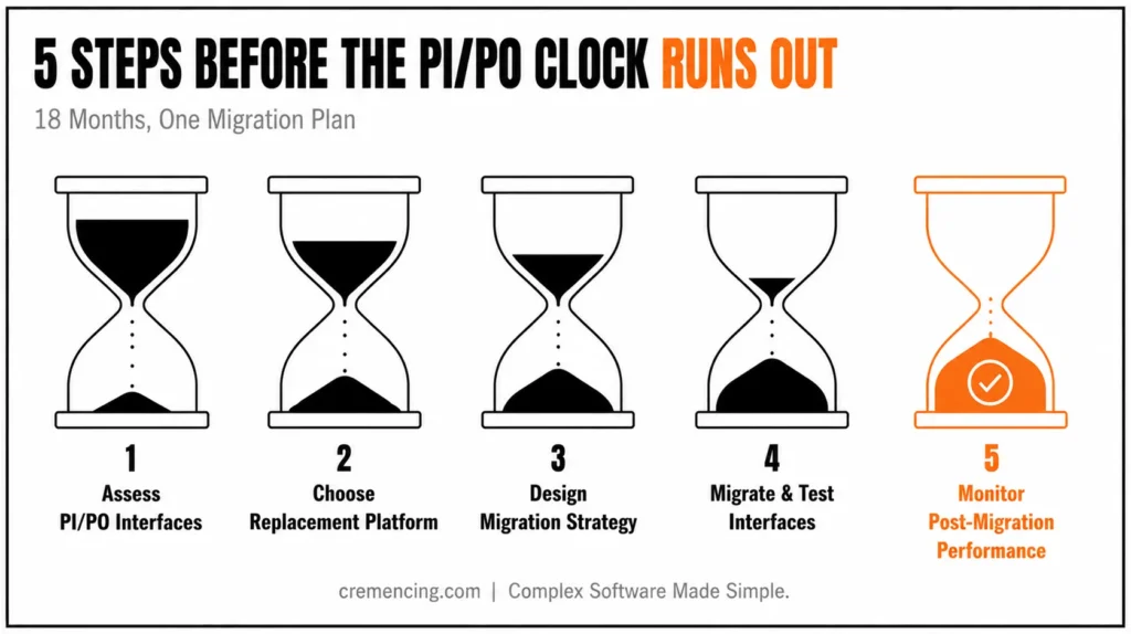 : Five hour-glasses showing PI/PO migration steps.