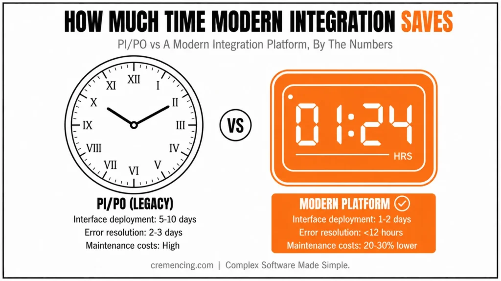 Comparison clock showing legacy PI/PO vs modern platform.