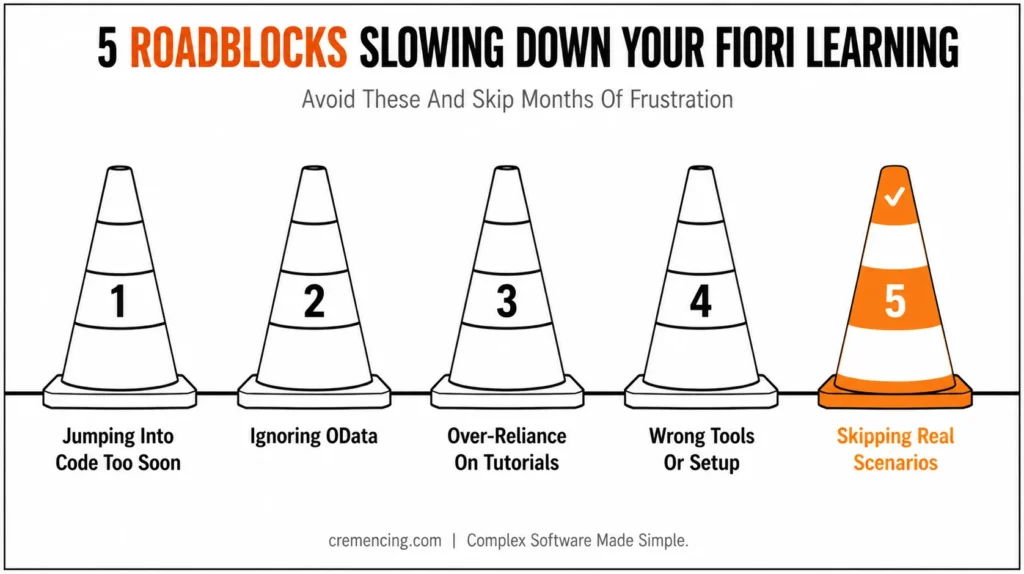Five traffic cones Fiori learning roadblocks