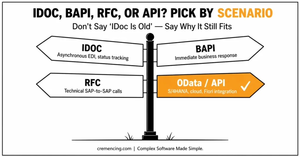 “IDoc BAPI RFC API scenario comparison”