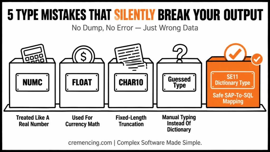 Five boxes showing ABAP type mistakes.