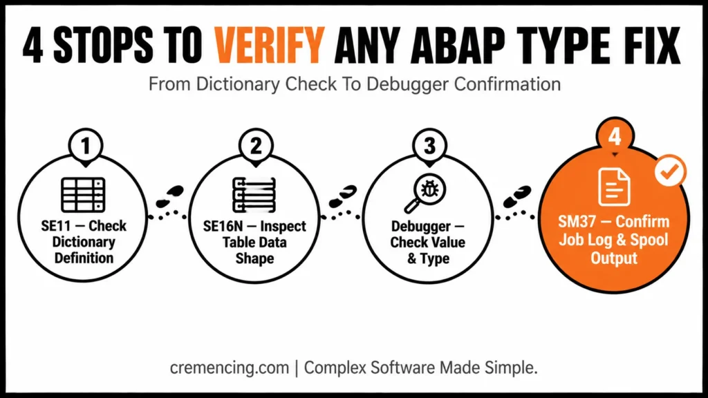 Four steps verifying ABAP type fixes.