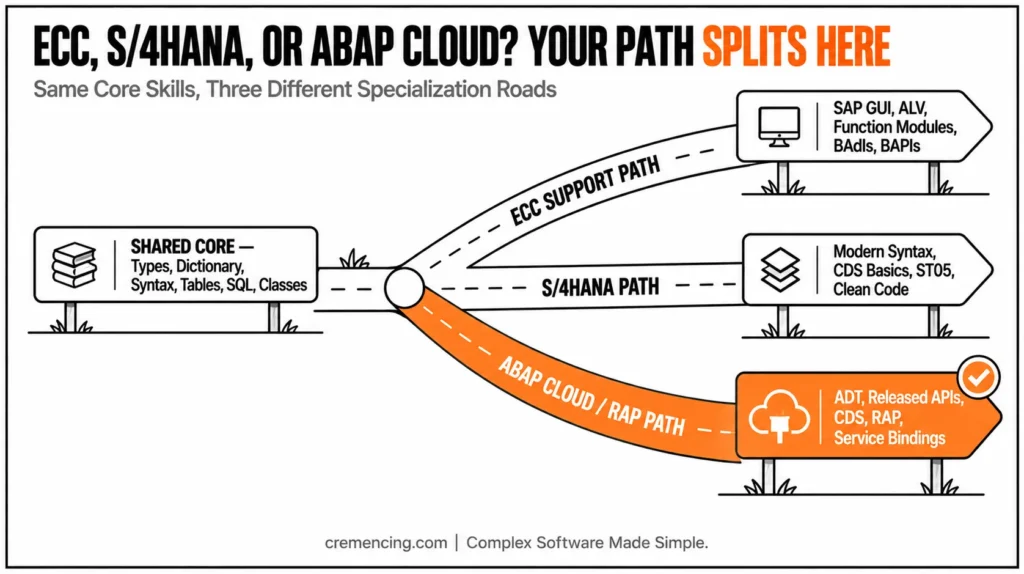Forked road illustrating three ABAP paths.