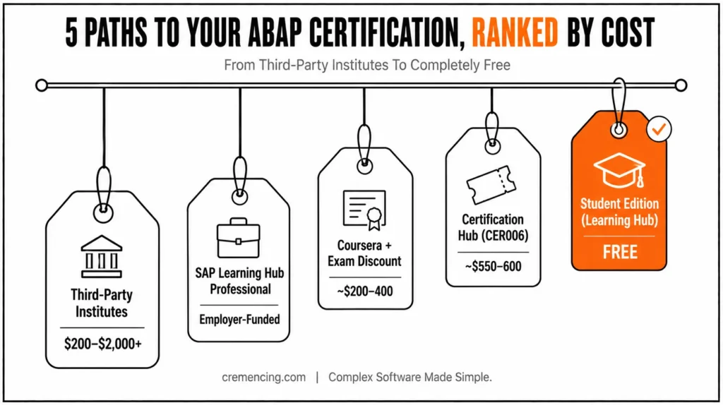 Five price tags showing certification path costs.