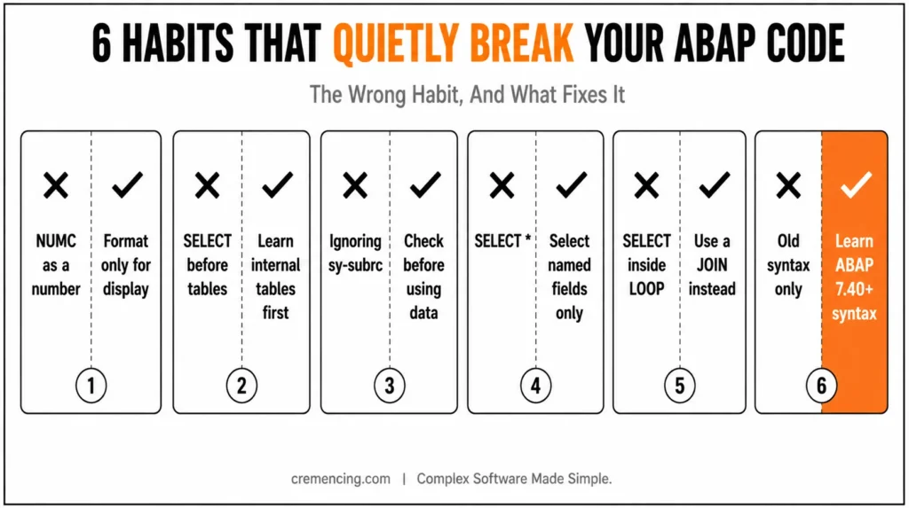 Six boxes contrasting bad and good ABAP habits