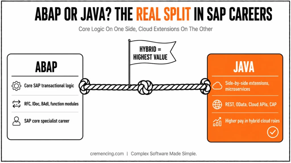 Comparison of ABAP and Java roles in SAP careers showing hybrid model as highest value