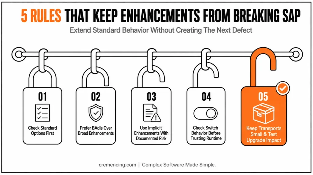 Five hanging padlocks displaying SAP enhancement rules.