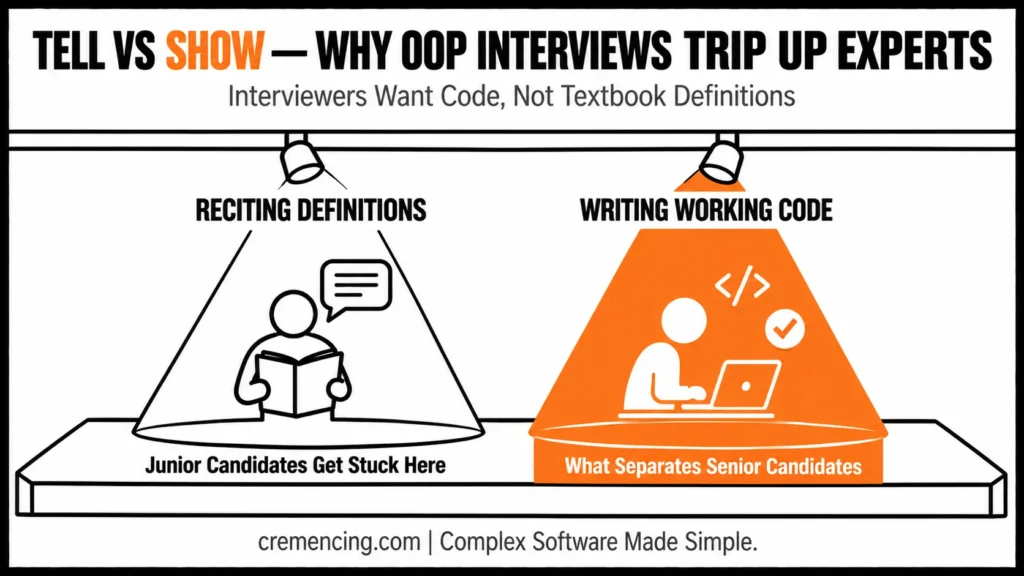 Spotlights contrasting reciting definitions with writing code.