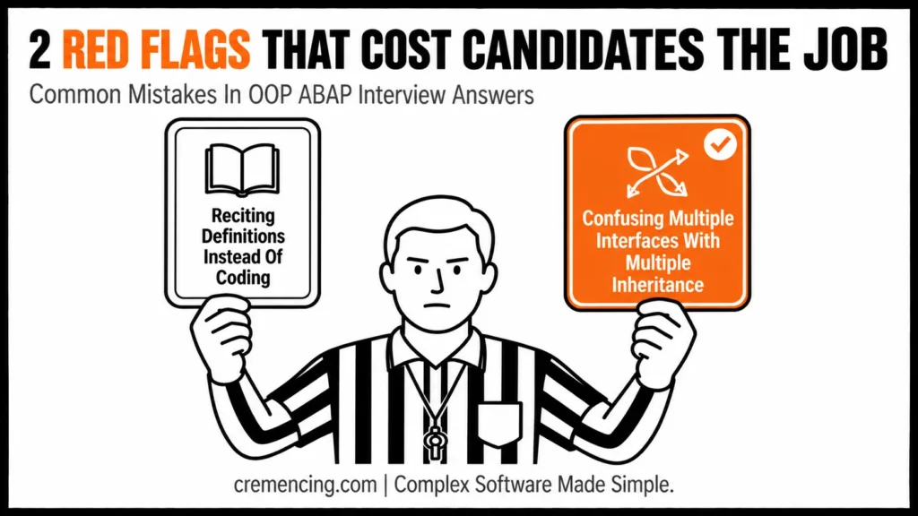 Referee holding cards listing OOP ABAP mistakes.