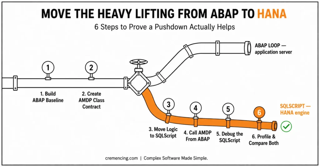Six steps pipeline ABAP to HANA pushdown