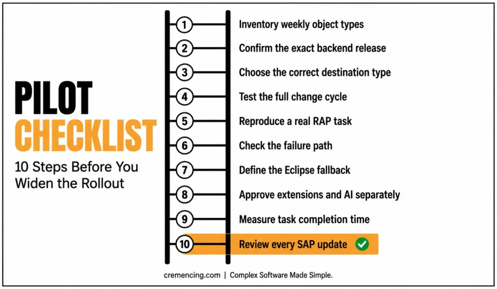 Pilot checklist with 10 SAP rollout steps.
