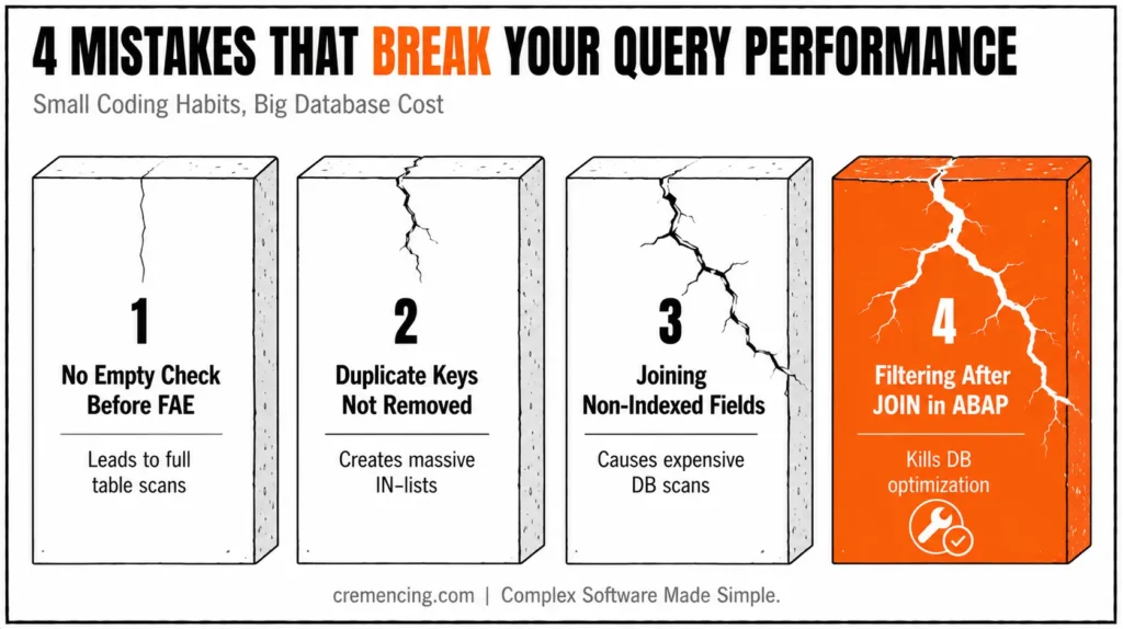 Four ABAP query performance mistakes.