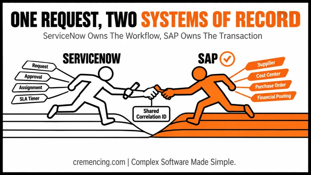 Relay race showing ServiceNow to SAP baton exchange.