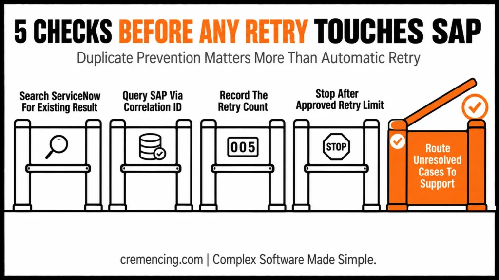 Five toll gates outlining ServiceNow SAP retry checks.