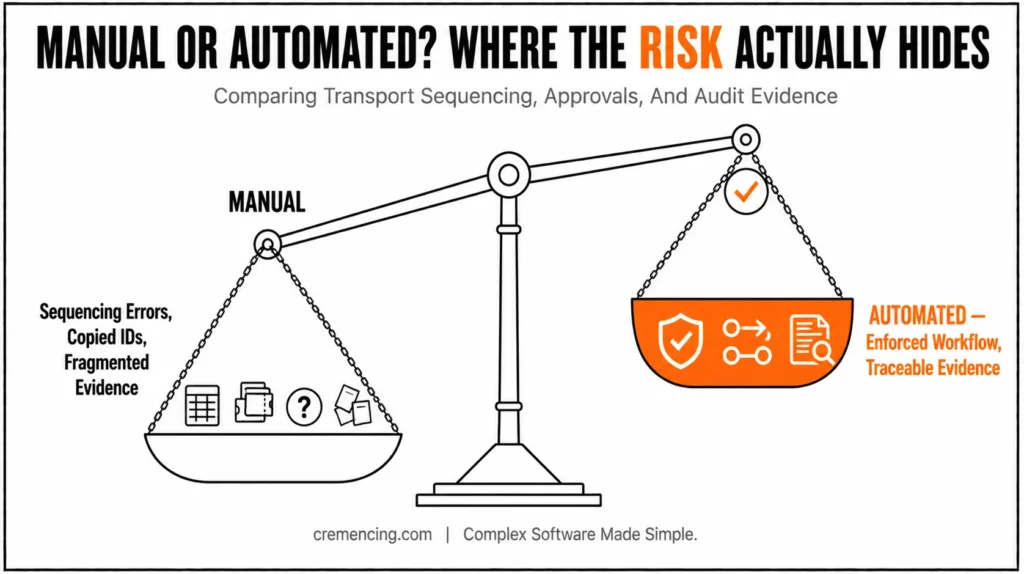 Scale comparing manual vs automated SAP change risks.