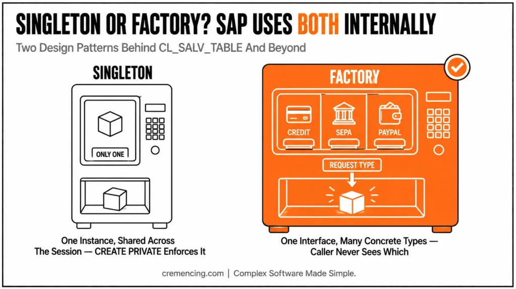 Vending machines illustrating Singleton versus Factory design patterns.