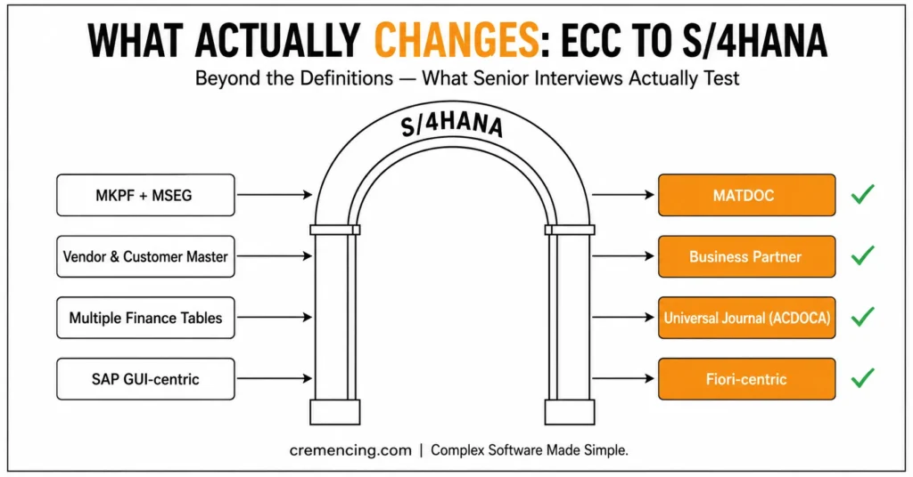 ECC to S/4HANA changes shown with key transformations.