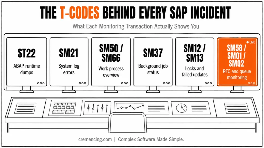 SAP monitoring T-codes dashboard overview.
