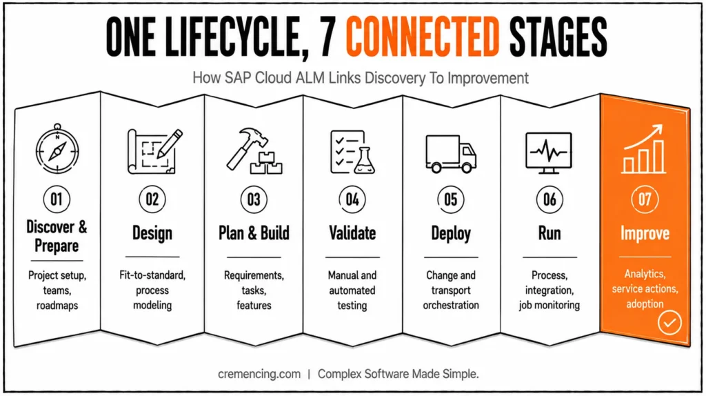 Seven SAP Cloud ALM lifecycle stages