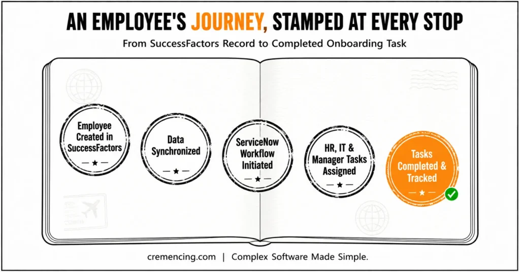 Passport stamps showing employee onboarding journey