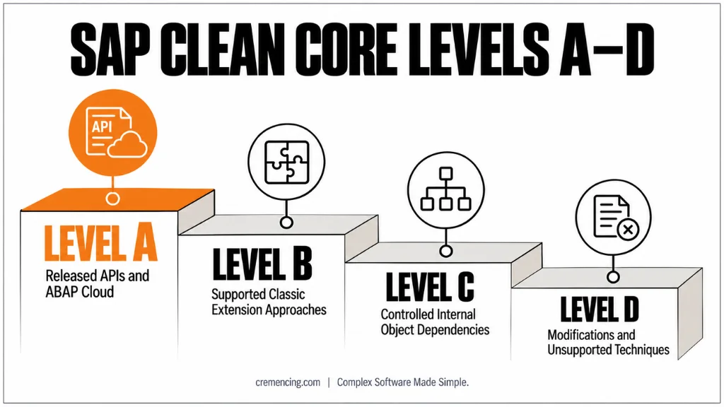 How Do SAP Clean Core Levels A, B, C & D Define Your S/4HANA Extensibility Strategy?